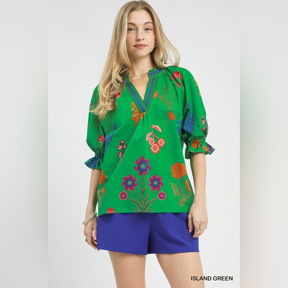 Umgee Floral Split Neck Puff Sleeve Top